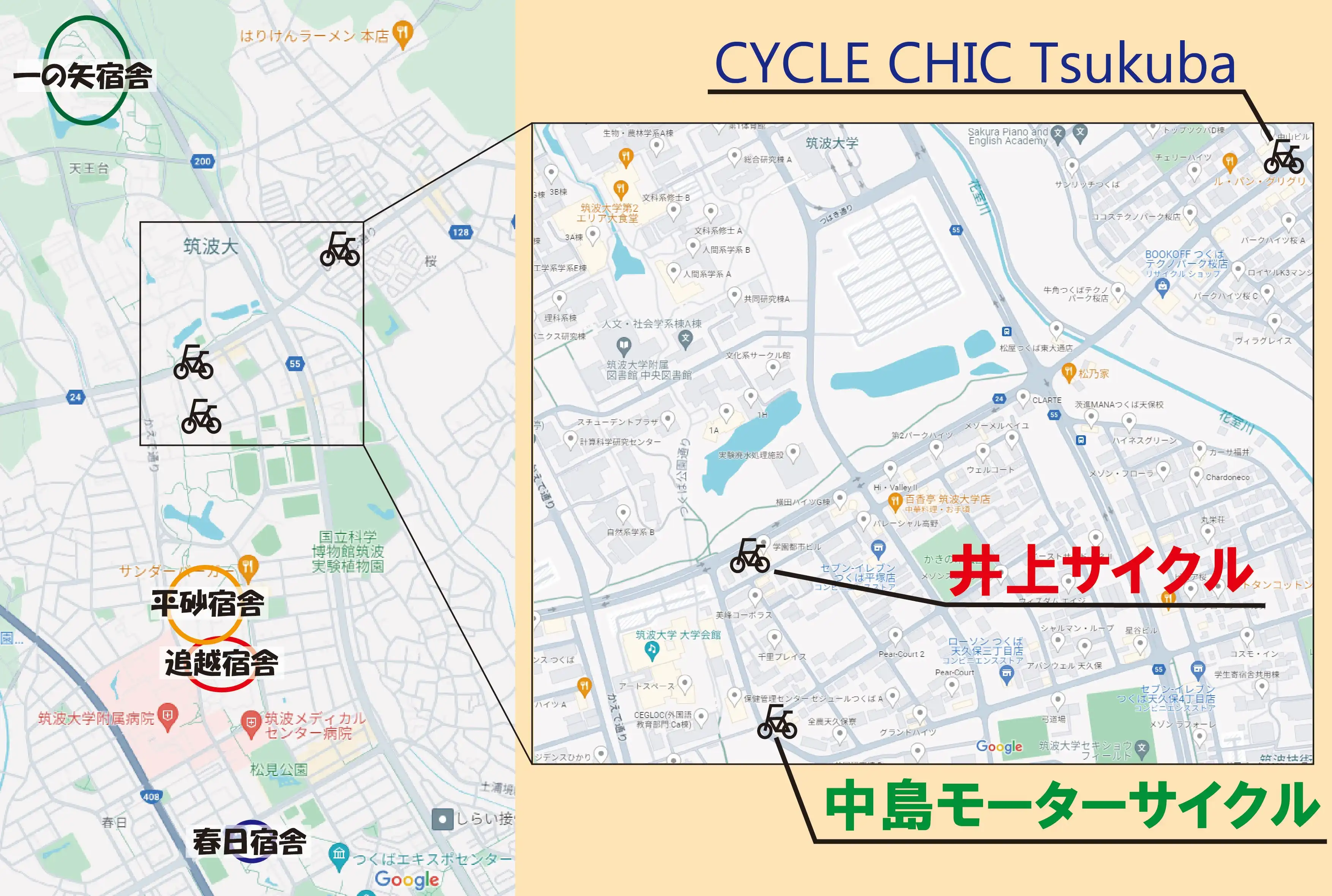井上サイクル・中島モーターサイクル・CYCLE CHIC Tsukubaと各宿舎との位置関係を表した地図